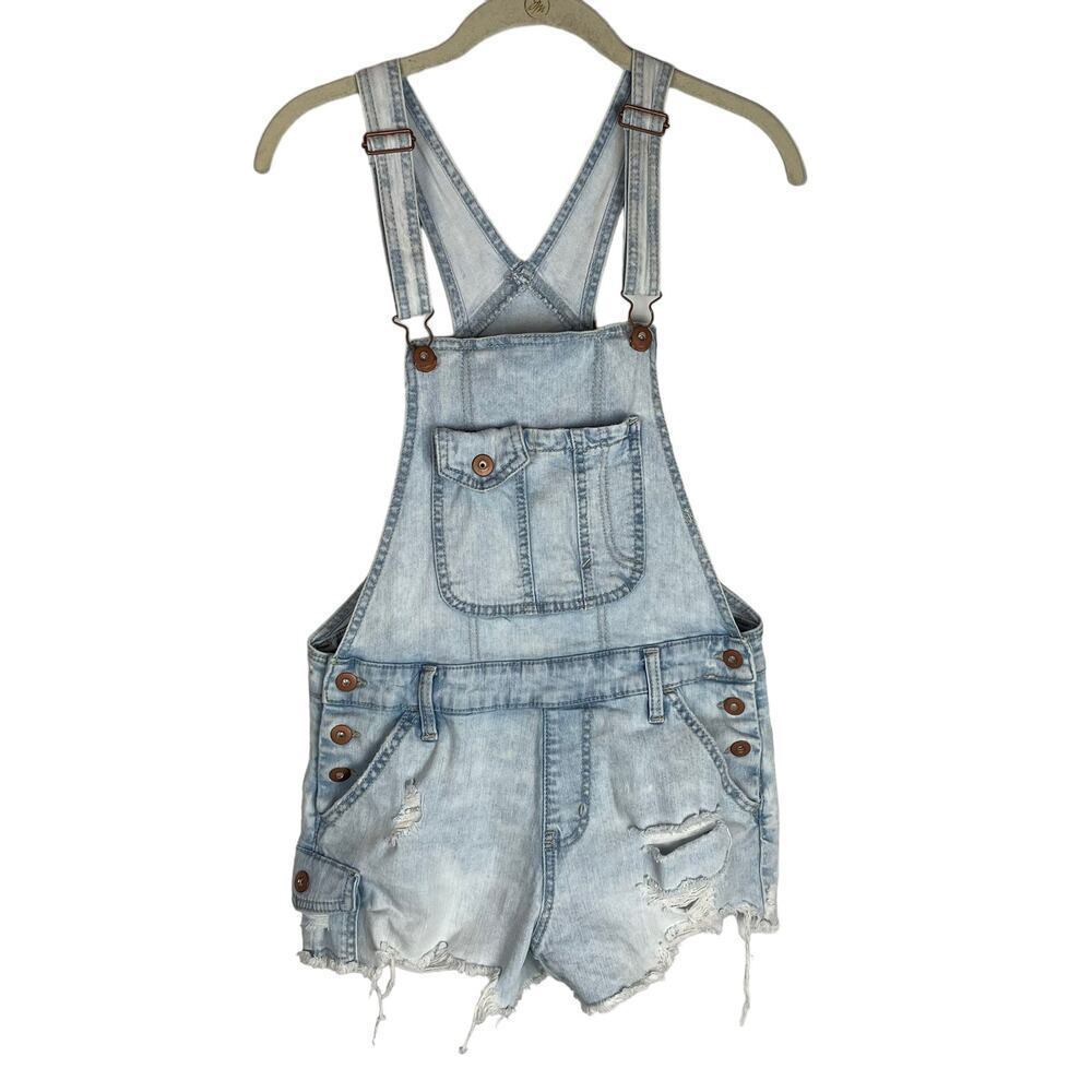 No Boundaries light wash distressed shortalls short overalls